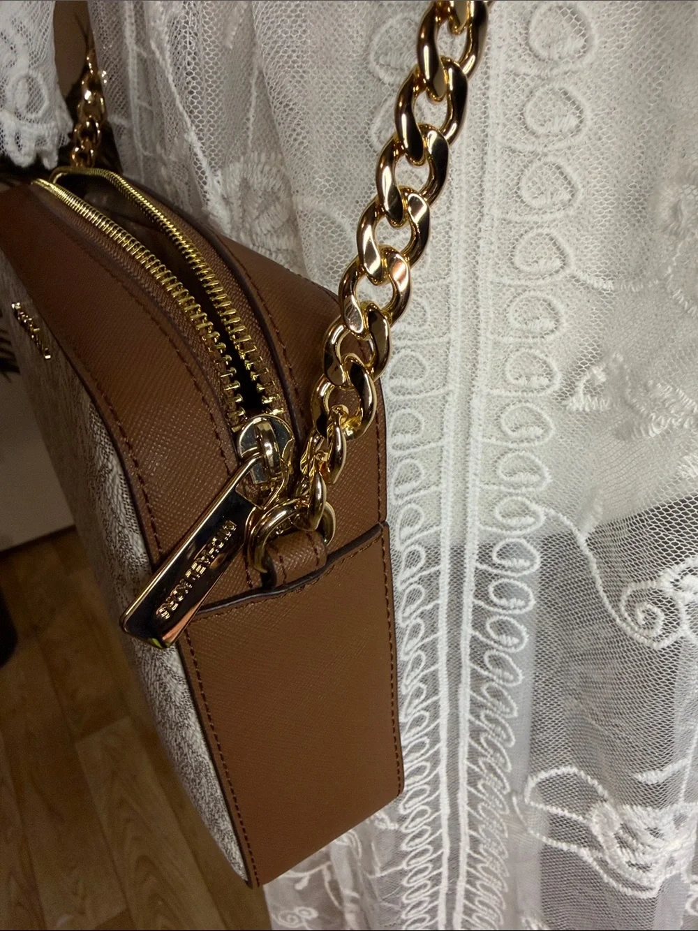 Michael Kors Beige Logo Crossbody with Tan Leather & Gold Chain - Picture 5 of 12